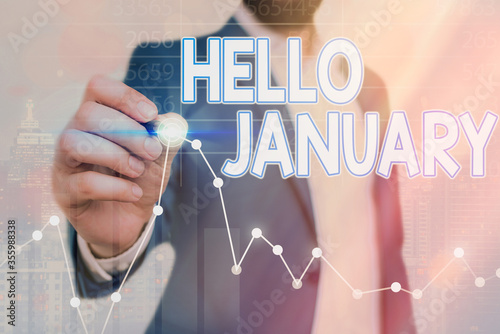 Conceptual hand writing showing Hello January. Concept meaning greeting used when welcoming the 1st month of the year photo