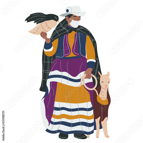 A Peruvian woman in a face mask in national costume with a llama and an eagle on her arm. Prevention of coronavirus, covid-19, in Peru, Latin America. Flat vector illustration.