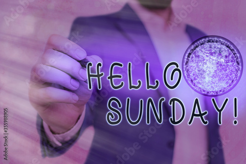 Writing note showing Hello Sunday. Business concept for inspired positive greeting for having a happy weekend Elements of this image furnished by NASA photo