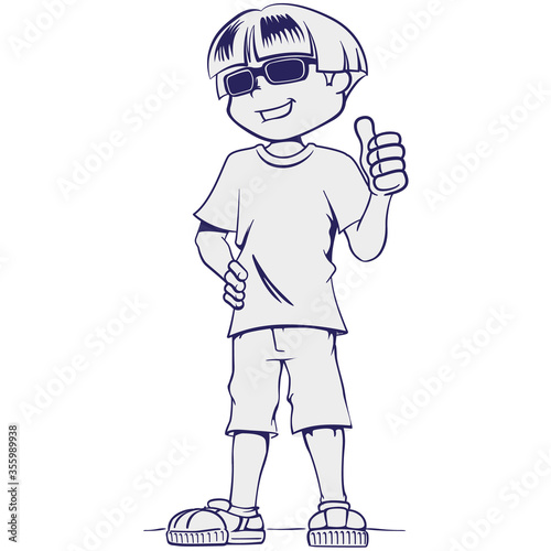 Art line Visually impaired boy person, with dark glasses. Ideal for catalogs, health and institutional newsletters