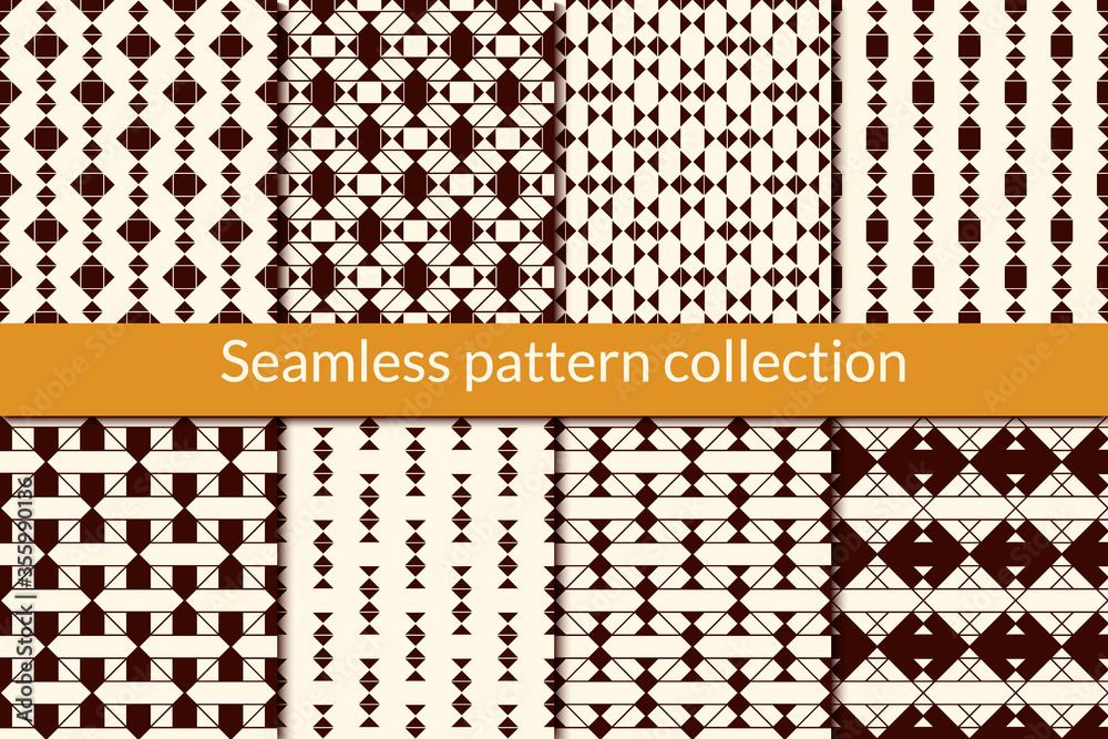Geometric seamless pattern collection. Geo background set. Folk print kit. Ethnic style, boho chic wallaper bundle