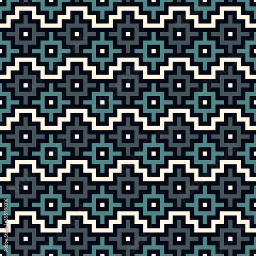 Chakana inca crosses seamless pattern. Ethnic embroidery print. Ornamental folk wallpaper. Native american ornament