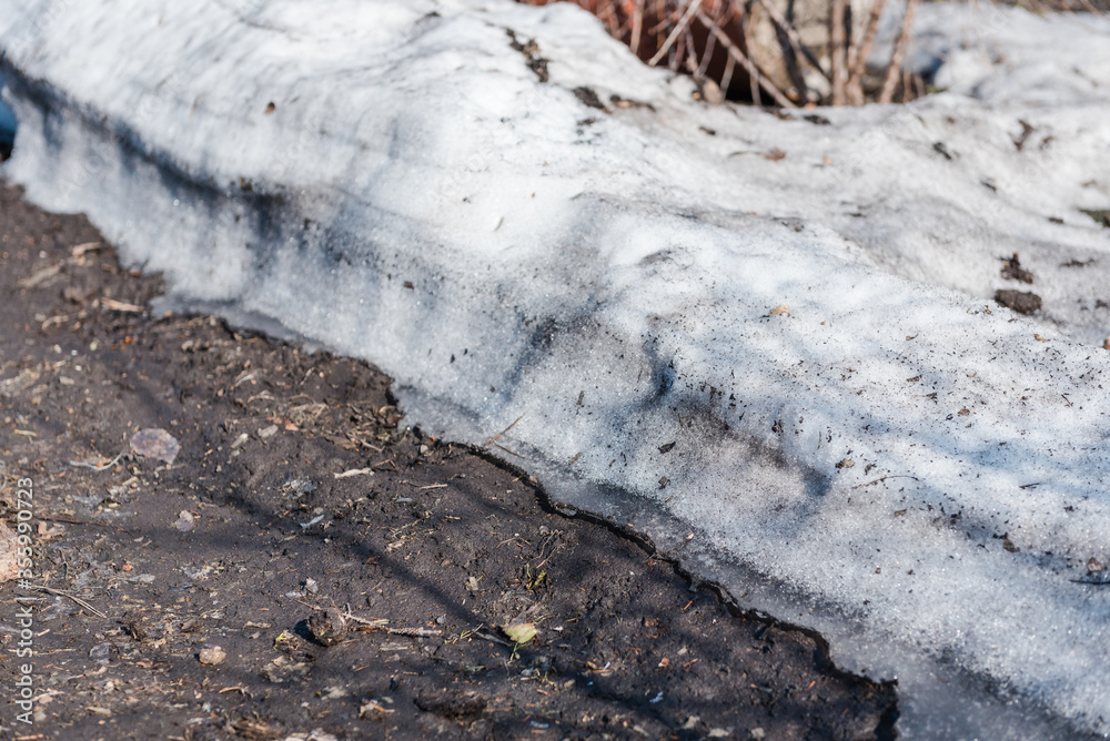 Fototapeta premium Spring is on the street. Dirty snow. Snow melts. Spring weather.