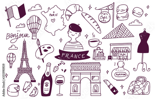 France Travel Destination Doodle Set Vector Illustration