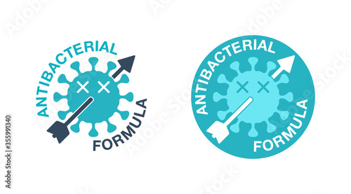 Antibacterial formula stamp - dead bacterial virus pierced by arrow  - vector isolated sign for antibiotics antiseptic cosmetics and medical products