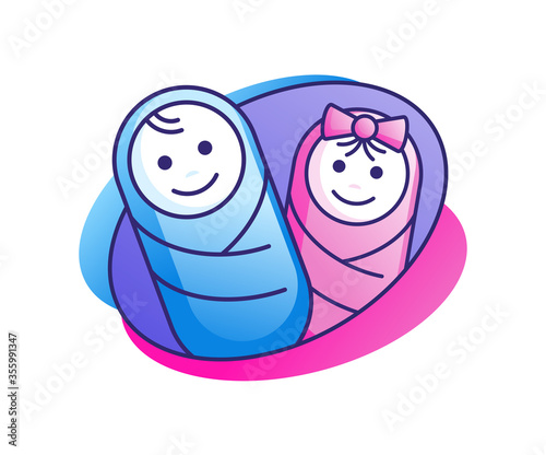 Little baby icon - newborn swaddled boy and girl - flat cartoon sign for marking of products for children 