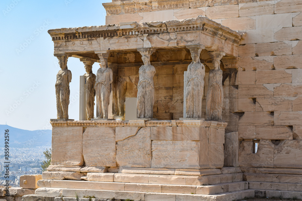 Caryatides statues next to the Parthenon on the Acropolis of Athens. Remains of an old classical civilization of ancient Greece