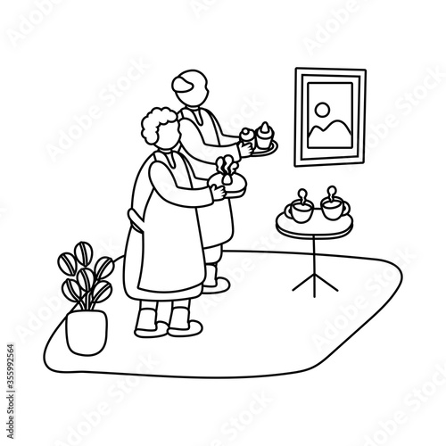 eldery couple cooking pastry in home activity line style