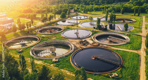 Fotografía Aerial view of wastewater treatment plant, filtration of dirty or sewage water