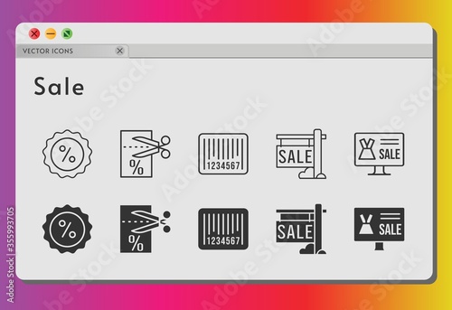 sale icon set. included online shop, sale, voucher, discount, barcode icons on white background. linear, filled styles.