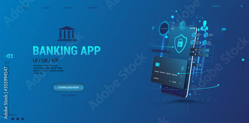 Internet banking app. Mobile phone payment with NFC technology and High level payment security. Wireless cash transaction technology and money storage. Wallet with cards UI App and E-payment. Vector
