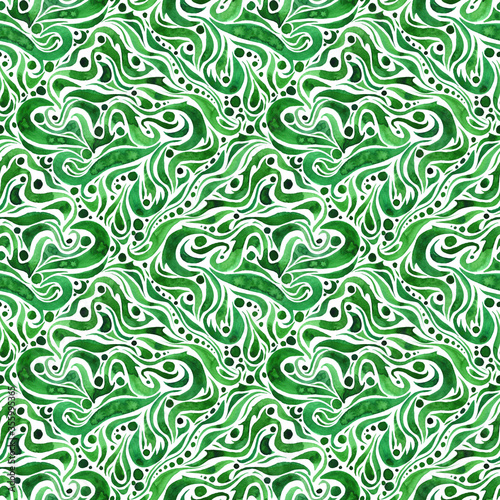 Watercolor ornate floral ethnic seamless pattern in green colors on white background. Decorative boho abstract ornament. Perfect for invitations  wrapping paper  textile  fabric  packing