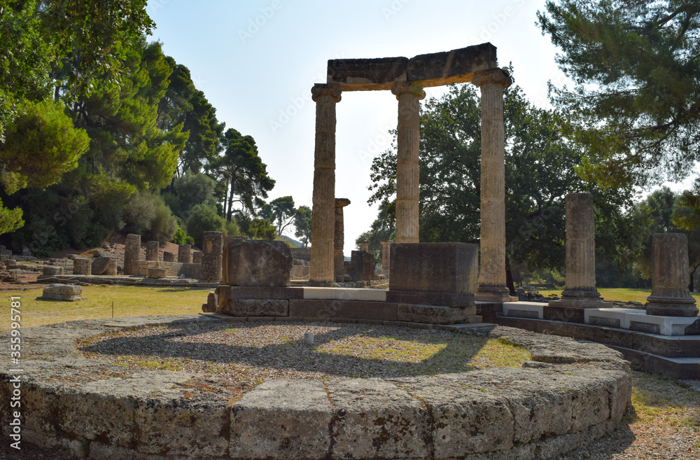 Round shrine of ancient Greek temple at the hellenistic classic era ruins of Olympia in Greece