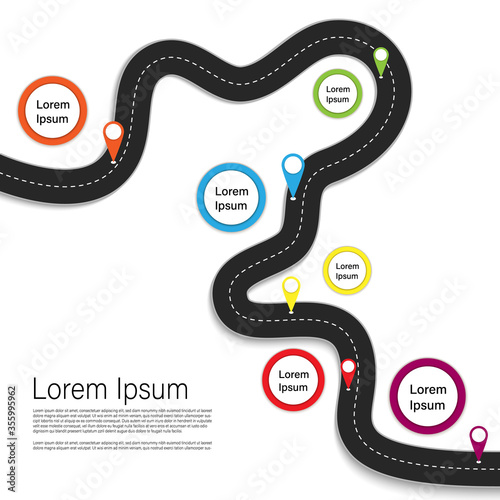 Best Journey Route. Road trip. Business and Journey Infographic Design Template with flags and place for your data. Winding road on a colorful background. Stylish streamers. Vector EPS 10