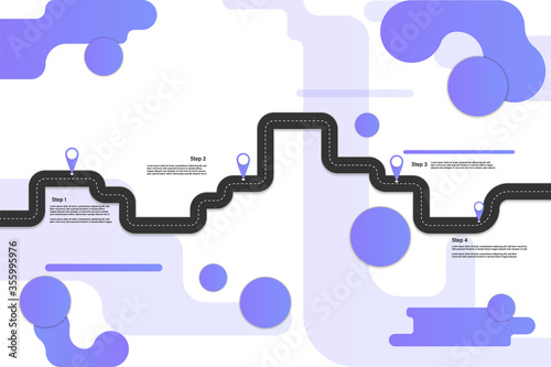 Best Journey Route. Road trip. Business and Journey Infographic Design Template with flags and place for your data. Winding road on a colorful background. Stylish streamers. Vector EPS 10