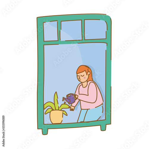 woman care houseplant in apartment window for quarantine free form style