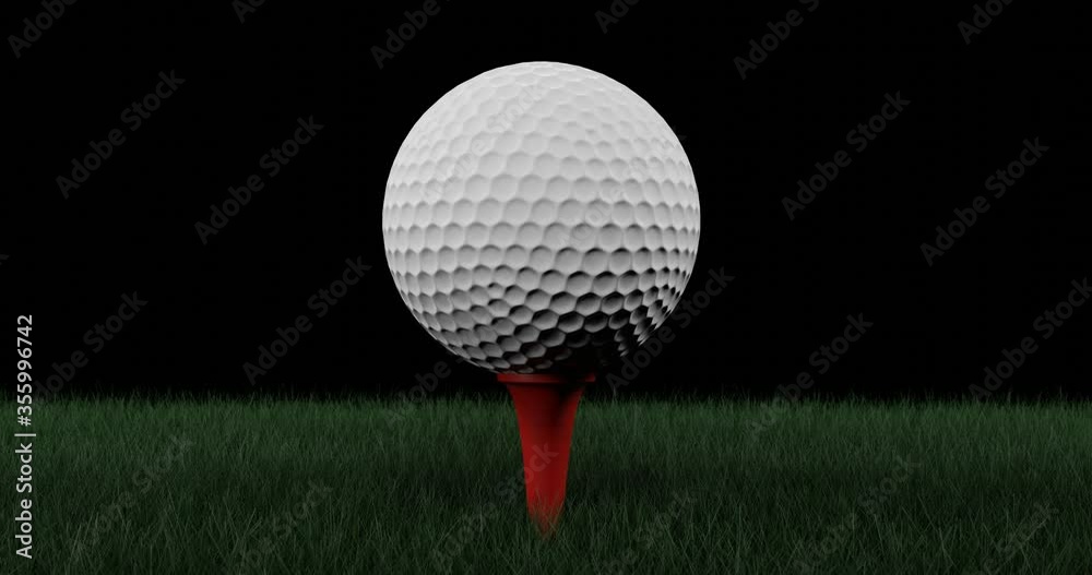 3d render. The readiness of the competition and symbolic of victory the golf ball rotating on red golf tees the floor of the lawn in the game with a black color background. success concept.