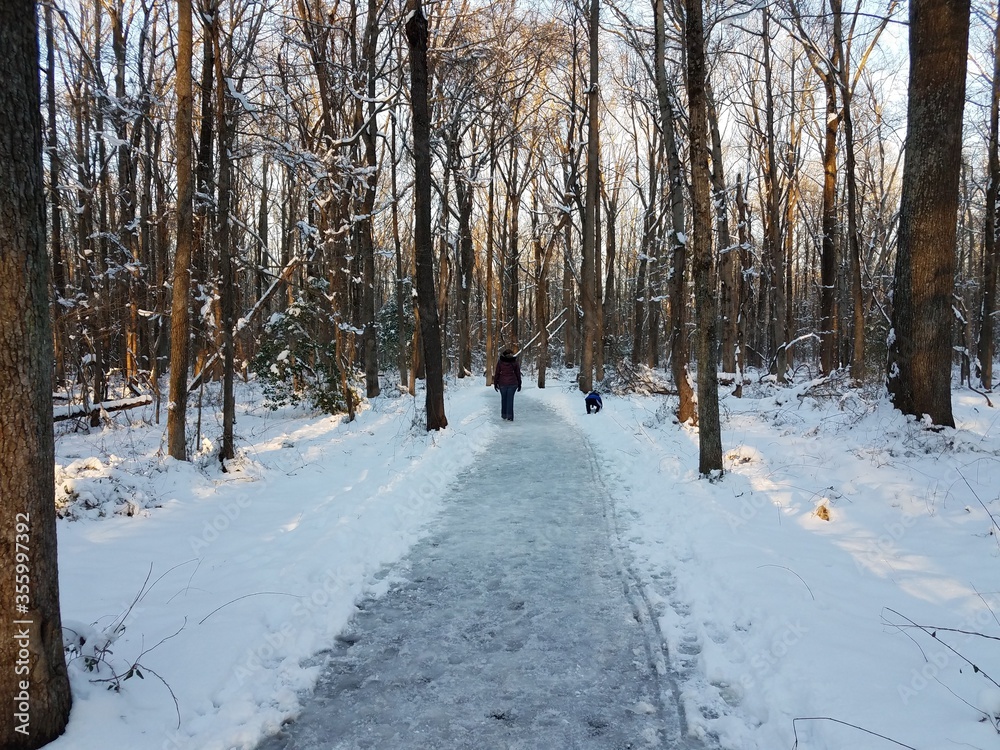 woman and child on path in the woods with trees and snow