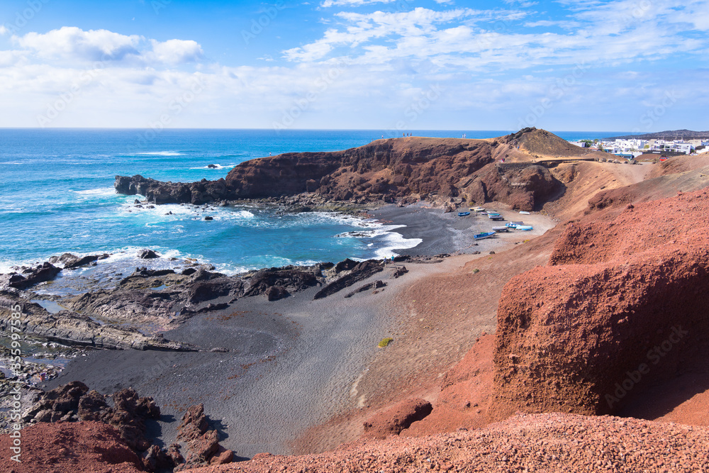 Beautiful view of volcanic beach from El Golfo viewpoint - Lanzarote, Canary Islands - Spain