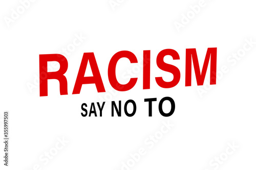 Say no to racism quote vector design. Skin color difference handwritten lettering phrase, different skin tones from light to dark and raised arm, fight fist gesture.