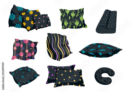 Pillow black set with decorative pattern, flat cartoon style. Home interior textile. Dark cushion for travel, orthopedic or pouf, sofa. Classic feather, bamboo eco fabric design. Vector illustration