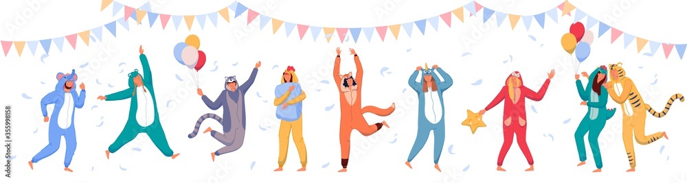 Pajama party. Happy people wearing animal costume onesies, celebrating holiday. Young men, women cartoon characters in kigurumi having fun at pajama party with garland, balloons and flying feathers - obrazy, fototapety, plakaty 