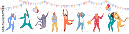 Pajama party. Happy people wearing animal costume onesies, celebrating holiday. Young men, women cartoon characters in kigurumi having fun at pajama party with garland, balloons and flying feathers