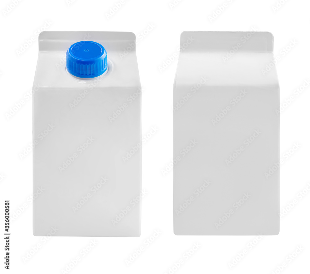Juice and milk blank white carton boxes with front and back view isolated on white. Juice and milk blank white carton boxes with front and back view isolated on white.