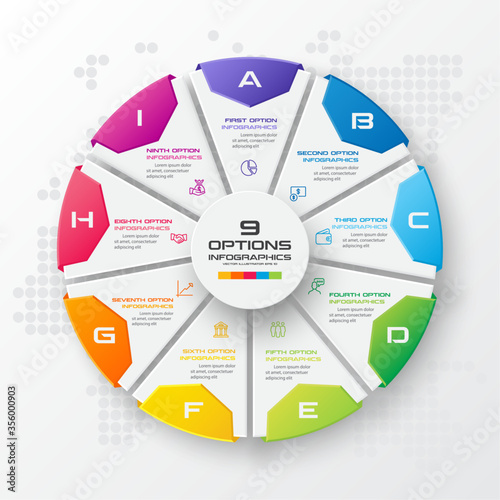Circle chart infographic template with 9 options,Vector illustration.