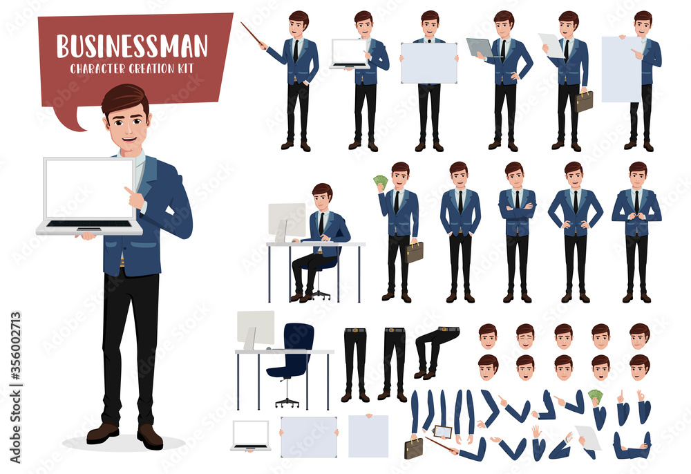 Businessman character creation kit vector set. Business man characters for office sales presentation editable create face, hand and body gestures and movement holding laptop with isolated body parts. Businessman character creation kit vector set. Business man characters for office sales presentation editable create face, hand and body gestures and movement holding laptop with isolated body parts.