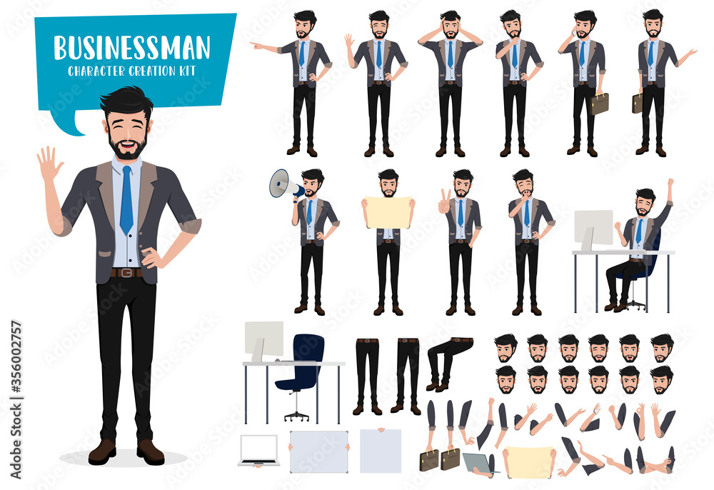 Business man character create kit vector set. Businessman characters friendly male office employee editable creation of face, hand and body gestures and movement with isolated body parts. Business man character create kit vector set. Businessman characters friendly male office employee editable creation of face, hand and body gestures and movement with isolated body parts.