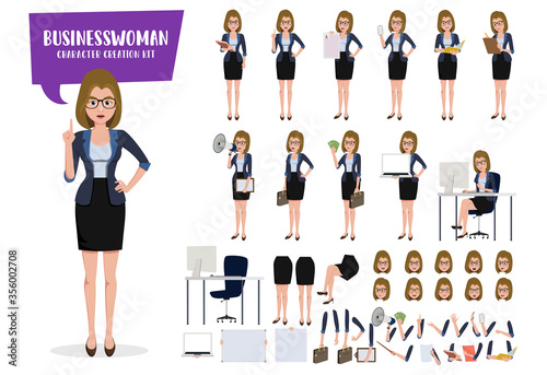 Business woman character creation kit vector set. Businesswoman characters create editable face, hand and body movement for office sales employee with isolated body parts. Vector illustration. 