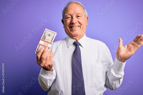 Senior grey haired man holding bunch of fifty dollars banknotes over purple background very happy and excited, winner expression celebrating victory screaming with big smile and raised hands