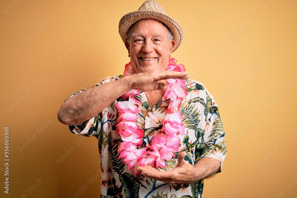 Grey haired senior man wearing summer hat and hawaiian lei over yellow background gesturing with hands showing big and large size sign, measure symbol. Smiling looking at the camera. Measuring
