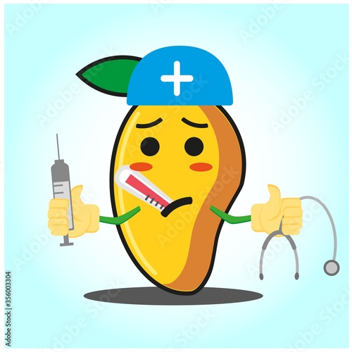 Cute mango doctor cartoon face character with sthethoskop and syringe image design photo
