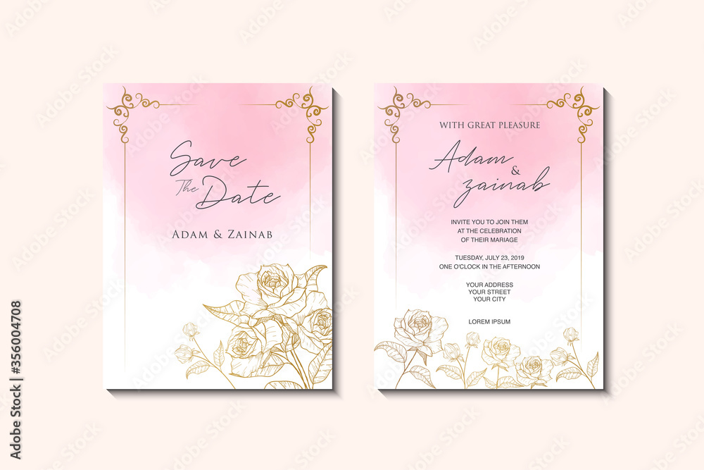 Set of invitation card with watercolor and gold roses Set of invitation card with watercolor and gold roses