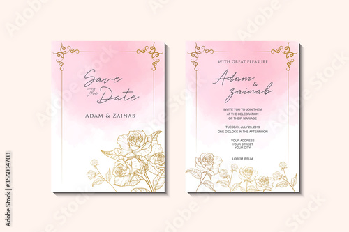 Set of invitation card with watercolor and gold roses