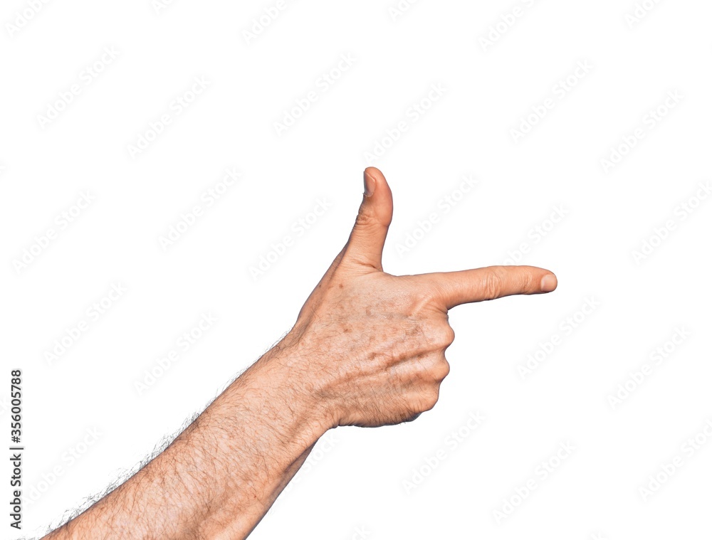Hand of caucasian middle age man over isolated white background pointing forefinger to the camera, choosing and indicating towards direction Hand of caucasian middle age man over isolated white background pointing forefinger to the camera, choosing and indicating towards direction
