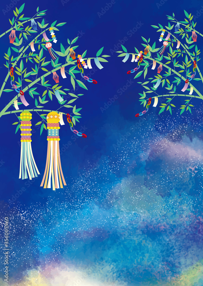 七夕 星空 星 夜空 背景 七夕飾り フレーム 枠 笹 短冊 願い事 飾り 折り紙 Stock Vector Adobe Stock