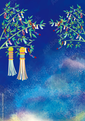 七夕 星空 星 夜空 背景 七夕飾り フレーム 枠 笹 短冊 願い事 飾り 折り紙 Stock Vector Adobe Stock