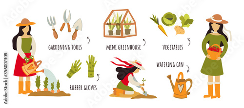 Gardening tools, horticultural activities, gardening ideas flat icons set. Creative vector illustrations with girls in the garden. Simple colorful flat design concept for web banners, infographics.