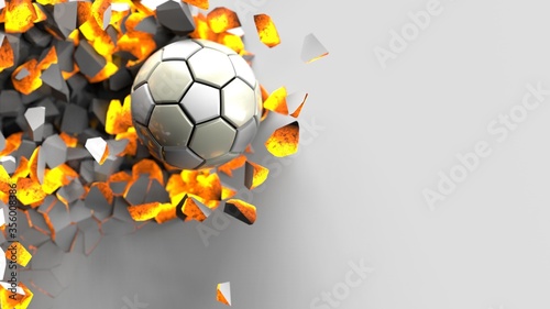 Fototapeta Naklejka Na Ścianę i Meble -  Silver-White Soccer ball breaking with great force through a white wall under black-white background. 3D high quality rendering. 3D illustration.