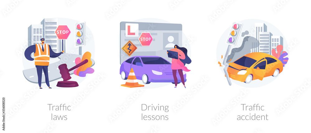 Driving license abstract concept vector illustration set. Traffic laws, driving lessons, traffic accident, road safety, violation fine, certified instructor, car crash investigation abstract metaphor.