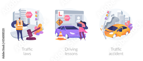 Driving license abstract concept vector illustration set. Traffic laws  driving lessons  traffic accident  road safety  violation fine  certified instructor  car crash investigation abstract metaphor.