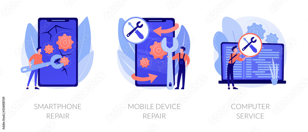 Fototapeta premium Broken gadget, portable electronics maintenance, laptop bug diagnostic. Smartphone repair, mobile device repair, computer service metaphors. Vector isolated concept metaphor illustrations.