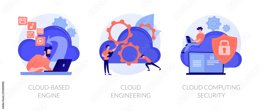 Virtual information protection, online data storage safety. Cloud-based engine, cloud engineering, cloud computing security metaphors. Vector isolated concept metaphor illustrations.
