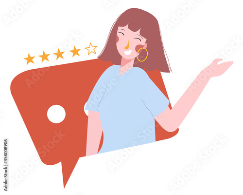 Young women give testimonial comments and positive ratings on the online application modern flat cartoon design.