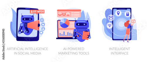 Mobile intelligent interface, automated SEO advertisement. Artificial intelligence in social media, AI-powered marketing tools, metaphors. Vector isolated concept metaphor illustrations.