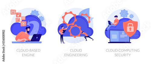 Virtual information protection, online data storage safety. Cloud-based engine, cloud engineering, cloud computing security metaphors. Vector isolated concept metaphor illustrations.