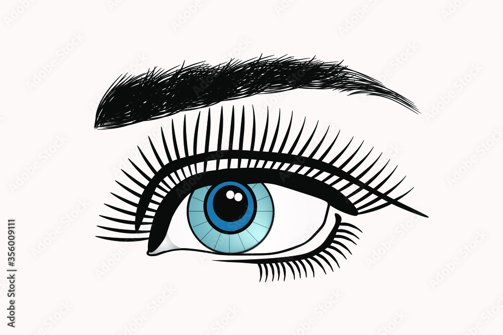 An eye with curling eyelashes and blue eyeball